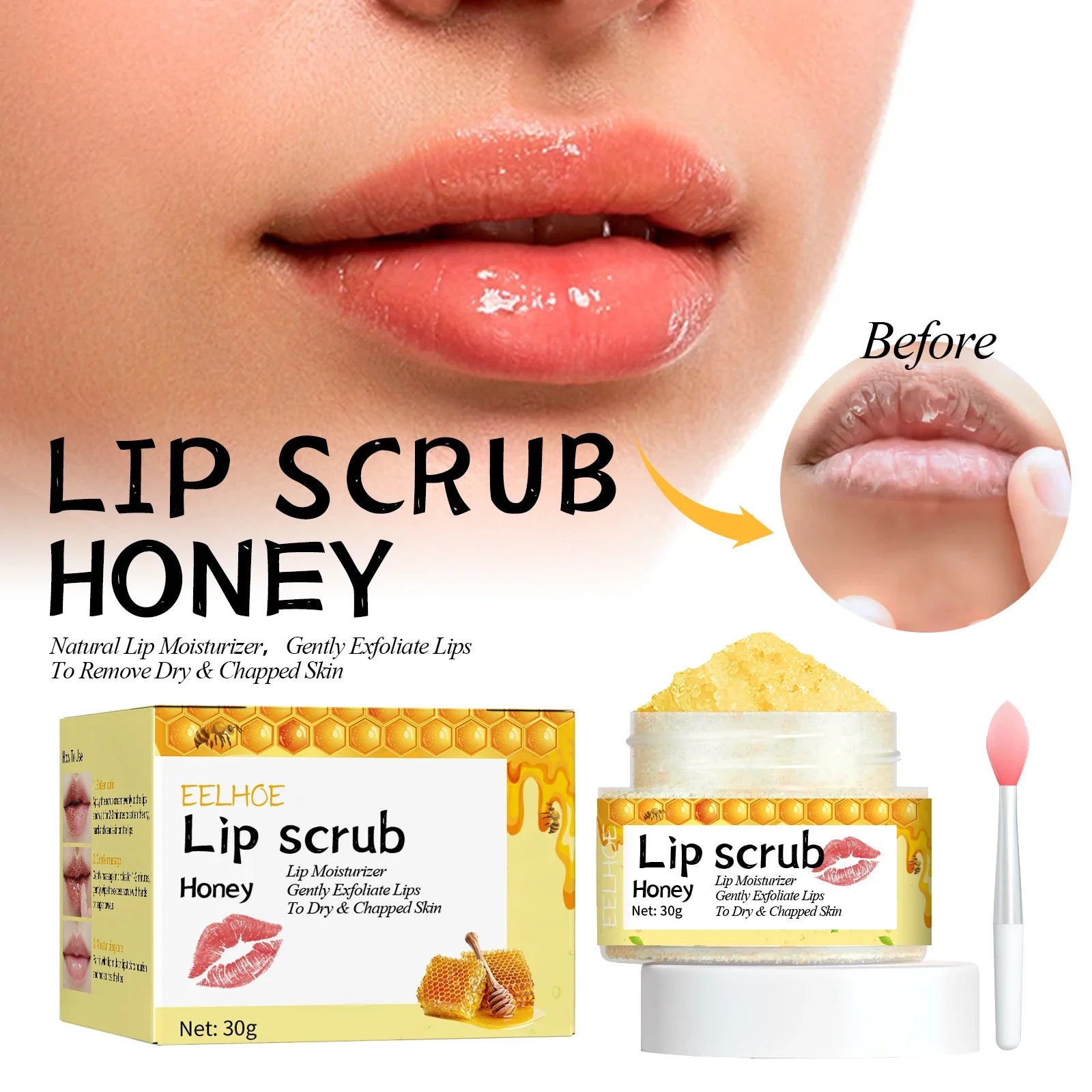EELHOE Honey Lip Scrub Exfoliator for Dry Chapped Lips Nourishing Moisturizing Dead Skin Removal Plumping Line Care Treatment