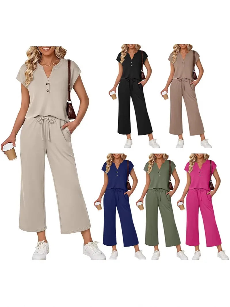 Women 2 Piece Outfit Set V Neck Button Short Sleeve T Shirt Drawstring Wide Leg Capri Pants Casual Loose Tracksuit Loungewear Va
