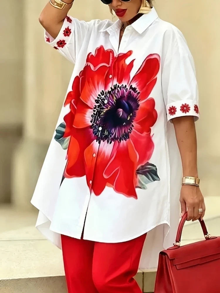 Vintage Women Floral Printed 2 Piece Set Single-breasted Short Sleeves Turndown Collar Shirts Solid Slim Trousers Casual Outfit