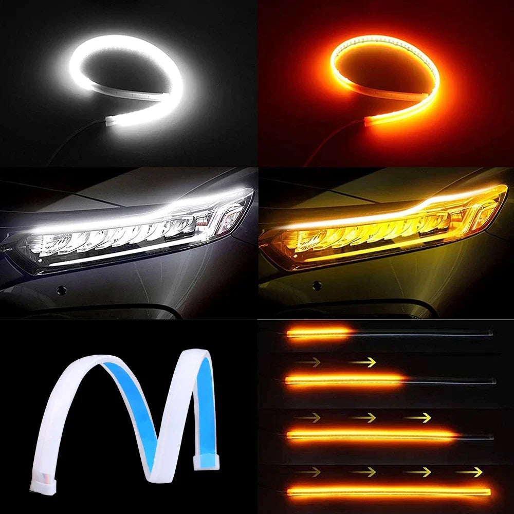 1Pc 12V LED DRL Car Running Light Flexible Waterproof Strip Auto Headlights White Turn Signal Brake Flow Lights Auto Parts