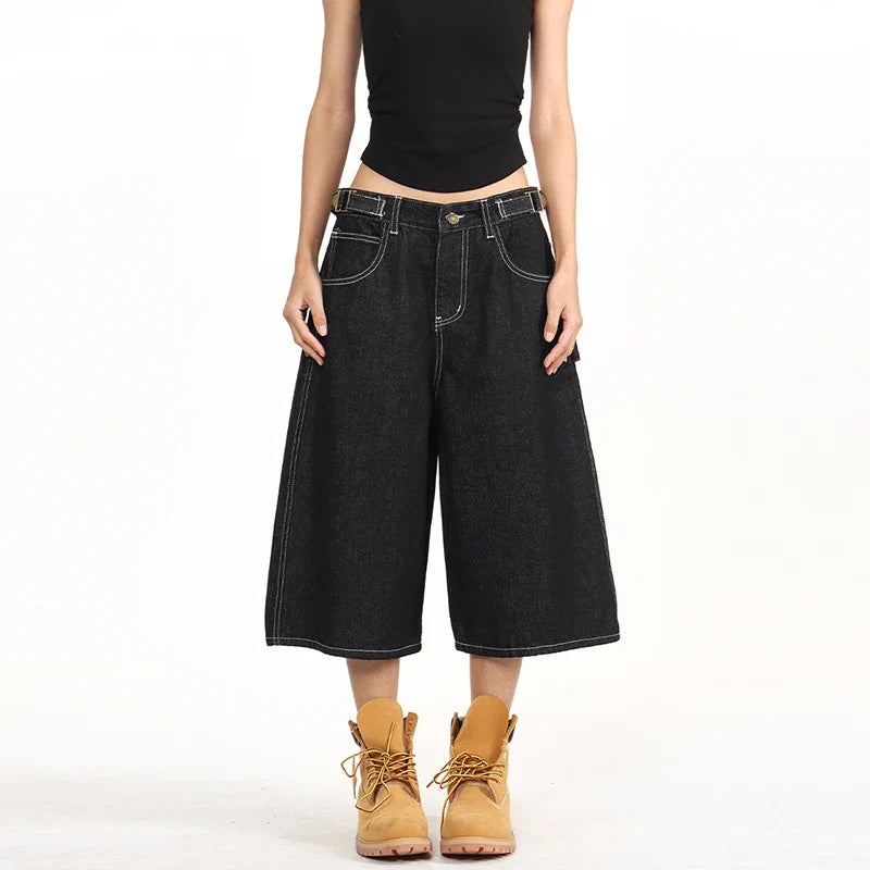 American Retro Baggy Wide Leg 3/4 Length Jean Women Y2K  Vintage Spring Summer Streetwear Skater Pants Casual Simple Daily Wear