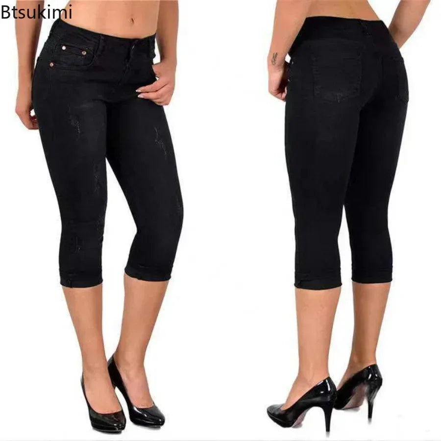 2026 Summer Women's Skinny Denim Pants Mid Waist Stretch Capri Pants Knee Length Trousers Fashion New Ladies Pencil Pants Jeans