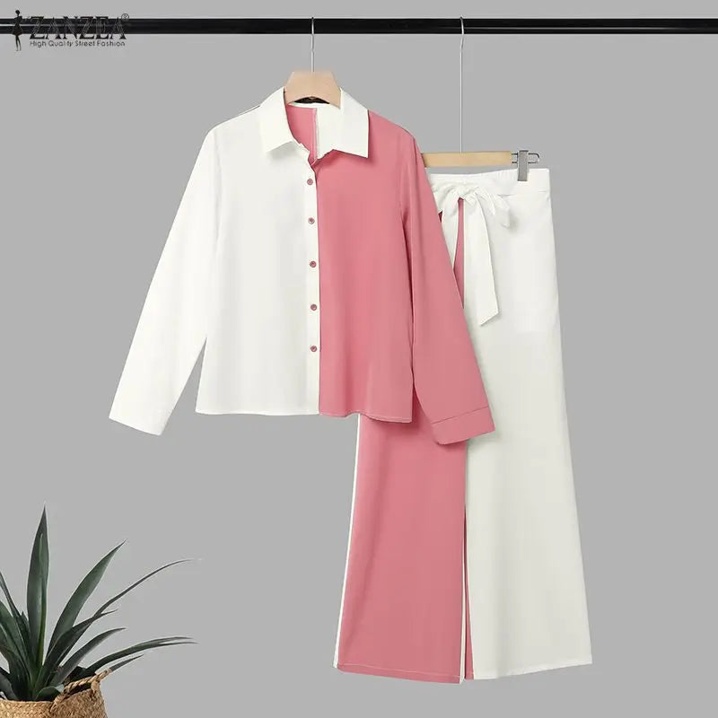 Fashion Women Matching Sets ZANZEA Autumn Long Sleeve Shirt Belted Wide Leg Pant Sets 2 Piece Chic Color-Blocking Office Outfits