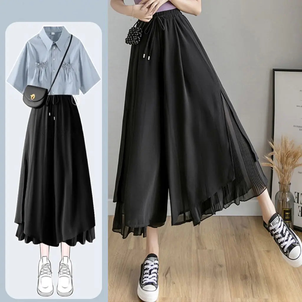 Summer Pantskirt Set for Female Korean Style Loose Short Sleeve Shirt+Casual Wide Leg Pants Fashion Two Piece Sets Women Outfits