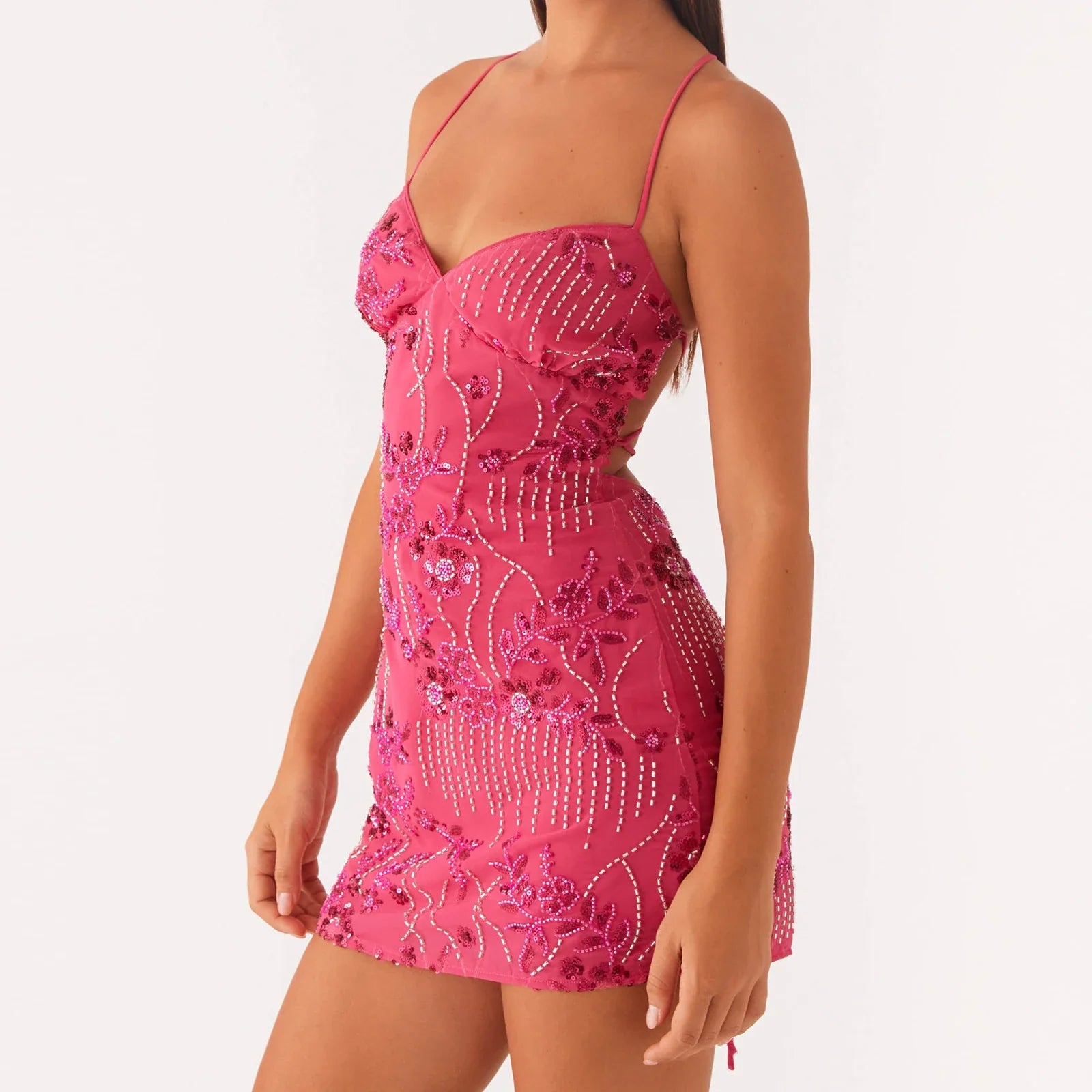 Sexy Glitter Sequin Mini Dress Women Flower Embroidery Deep V-neck Sleeveless Cami Dress Backless Spaghetti Strap Party Vestidos