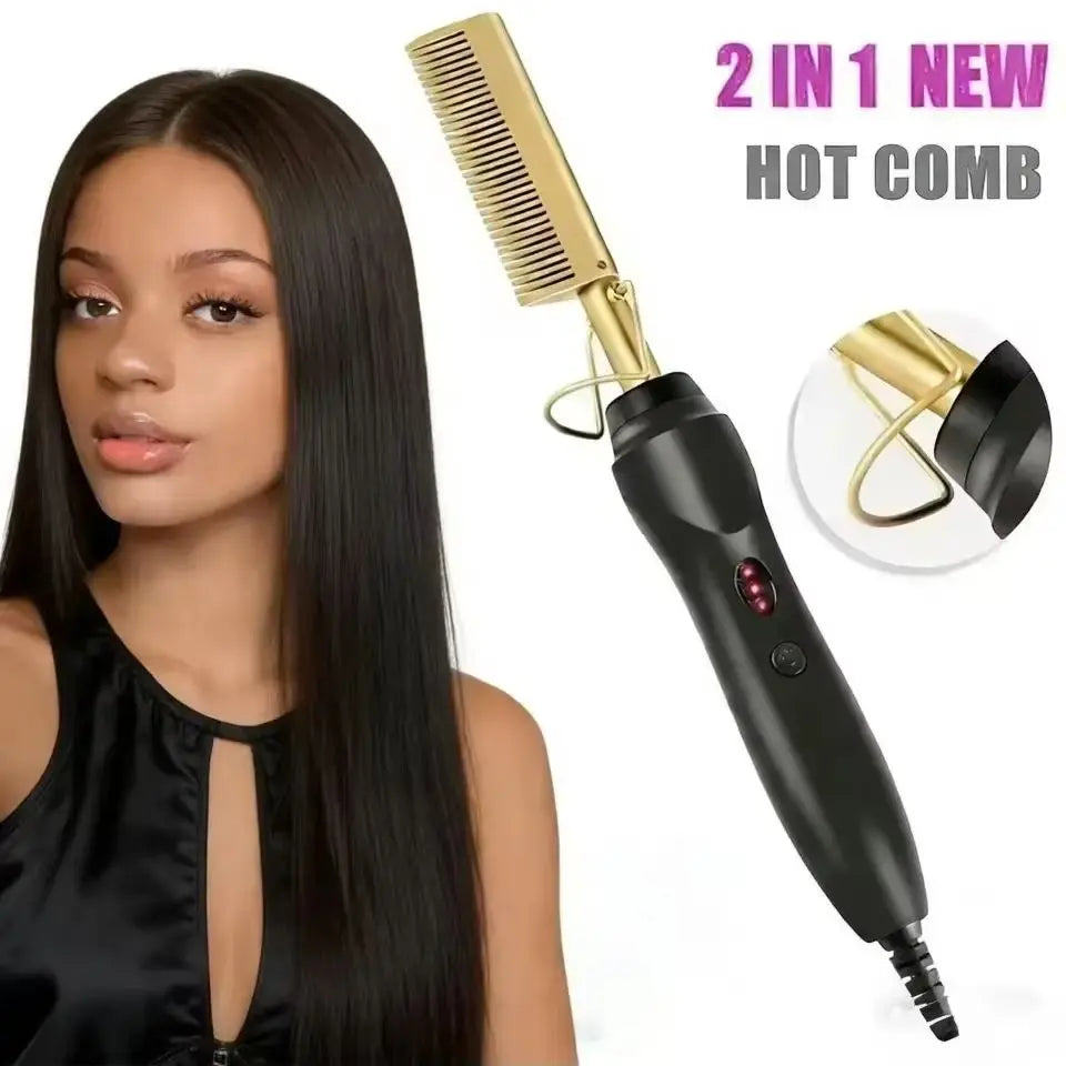 2 in 1 Electric Hot Heating Comb Hair Straightener Curler Wet Dry Hair