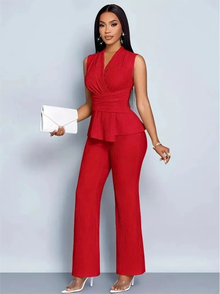 New Spring Summer Women's Trousers Two-piece Elegant Slim V-neck Sleeveless Irregular T-shirt Wide-leg Pants Office 2-piece Set