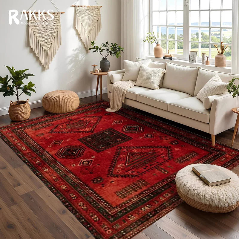 RAKKS Retro Red Persian Carpet / Turkish Area Rug Non-slip Living Room Decor Sofa Rug Bedroom Bedside Rug Kitchen Floor Mat