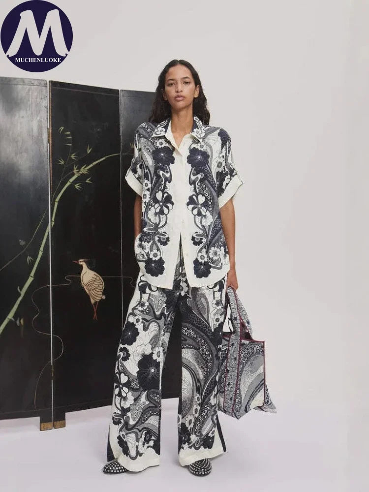 Women's Summer Versatile 2-Piece Set Printed Short Sleeve Shirt Top with Loose Wide Leg Pants Casual Fashion Outfit