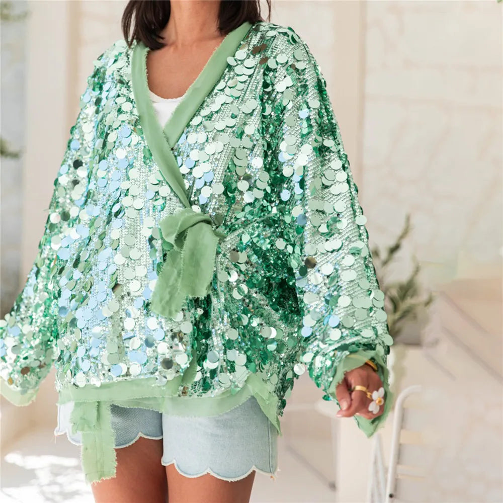 Shiny Sequin Cardigan for Women Trendy V Neck Front Wrap Tie Long Sleeve Coat Ladies Fashionable Sparkling Pullover Tops Punk