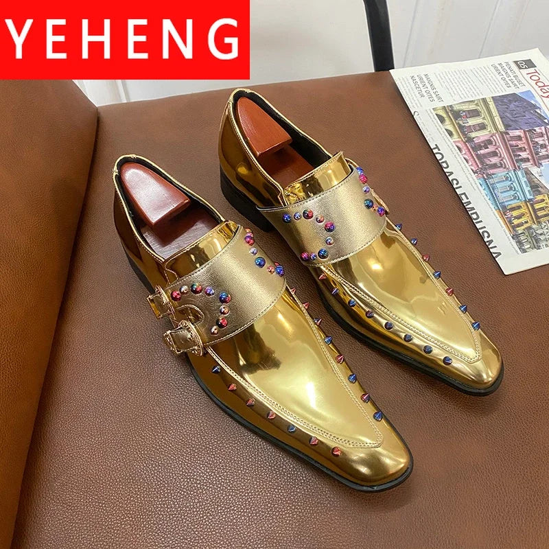 2026 New Gold Men Dress Shoes Rivet Breathable Square Toe Double Buckle Party Fashion Handmade Free Shipping Chelsea Men Loafers
