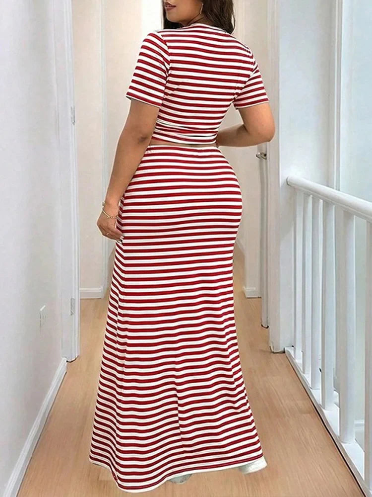 GIBSIE Plus Size Striped O-Neck Short Sleeve Crop Top Women Summer Mermaid Hem Long Skirts Set Female Casual Two Piece Outfit