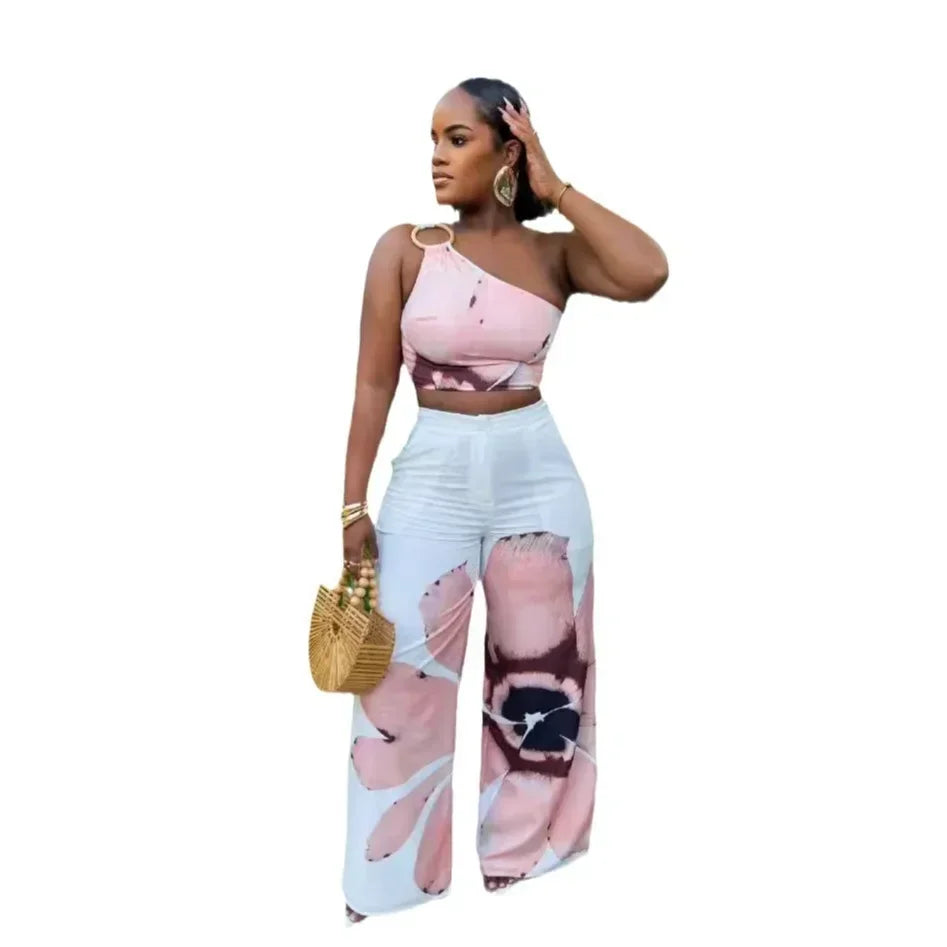 Women Set Floral Print Sleeveless Skew Collar Tops +Wide Leg Pants Two 2 Piece Set Outfit  Summer Street Tracksuit
