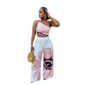 Women Set Floral Print Sleeveless Skew Collar Tops +Wide Leg Pants Two 2 Piece Set Outfit  Summer Street Tracksuit