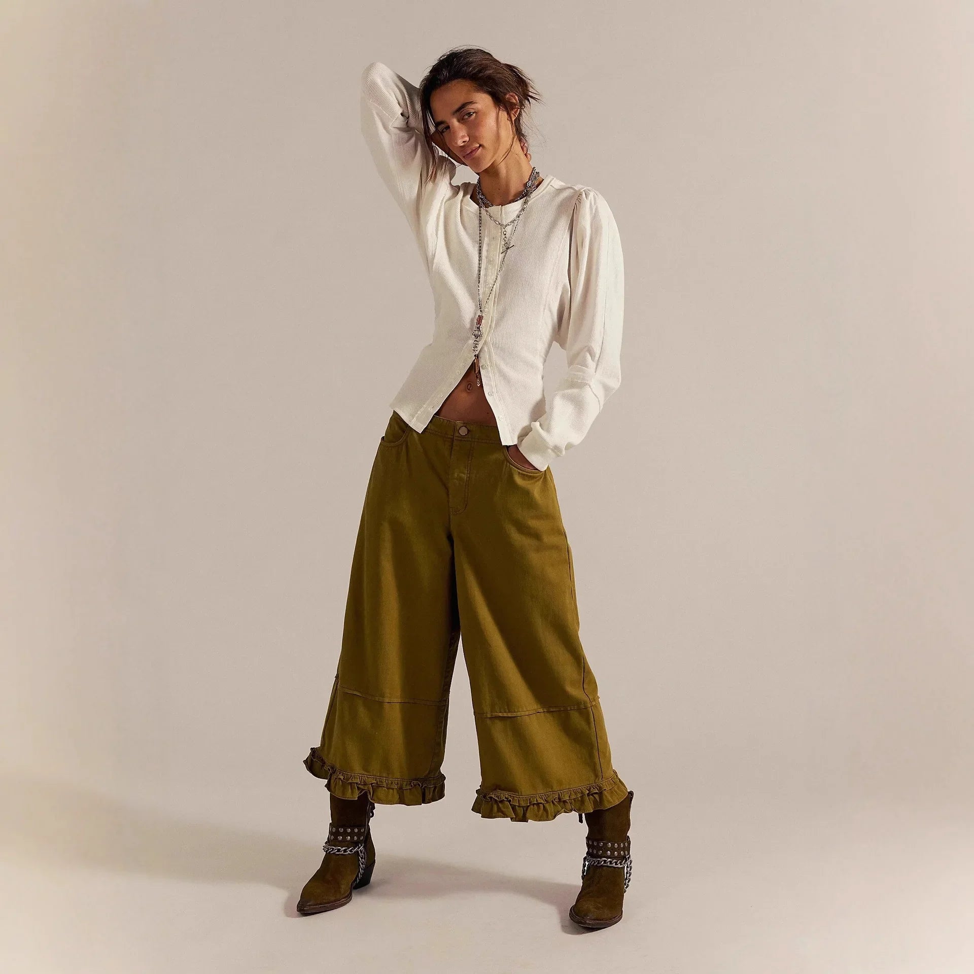 Women Baggy Wide Leg Denim Cropped Pants Vintage Y2k Pleated Ruffle Hem Elastic Low Rise Loose Fit Jeans with Pockets