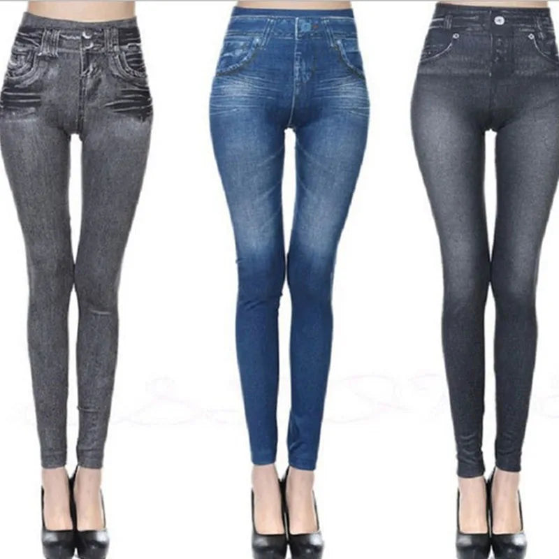 1pcs Women's Denim Print Leggings Females Fashion Slim Leggings Faux