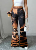 Women High Waist Tiger Print Flare Pants Vintage Animal Pattern Stretch Bell‑Bottom Trousers Club Party Streetwear Pants