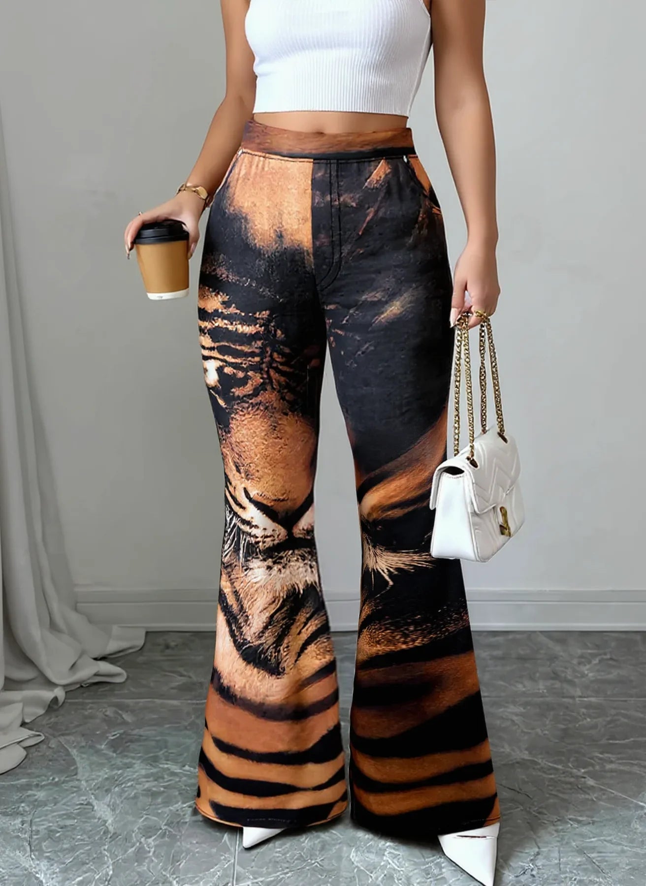 Women High Waist Tiger Print Flare Pants Vintage Animal Pattern Stretch Bell‑Bottom Trousers Club Party Streetwear Pants