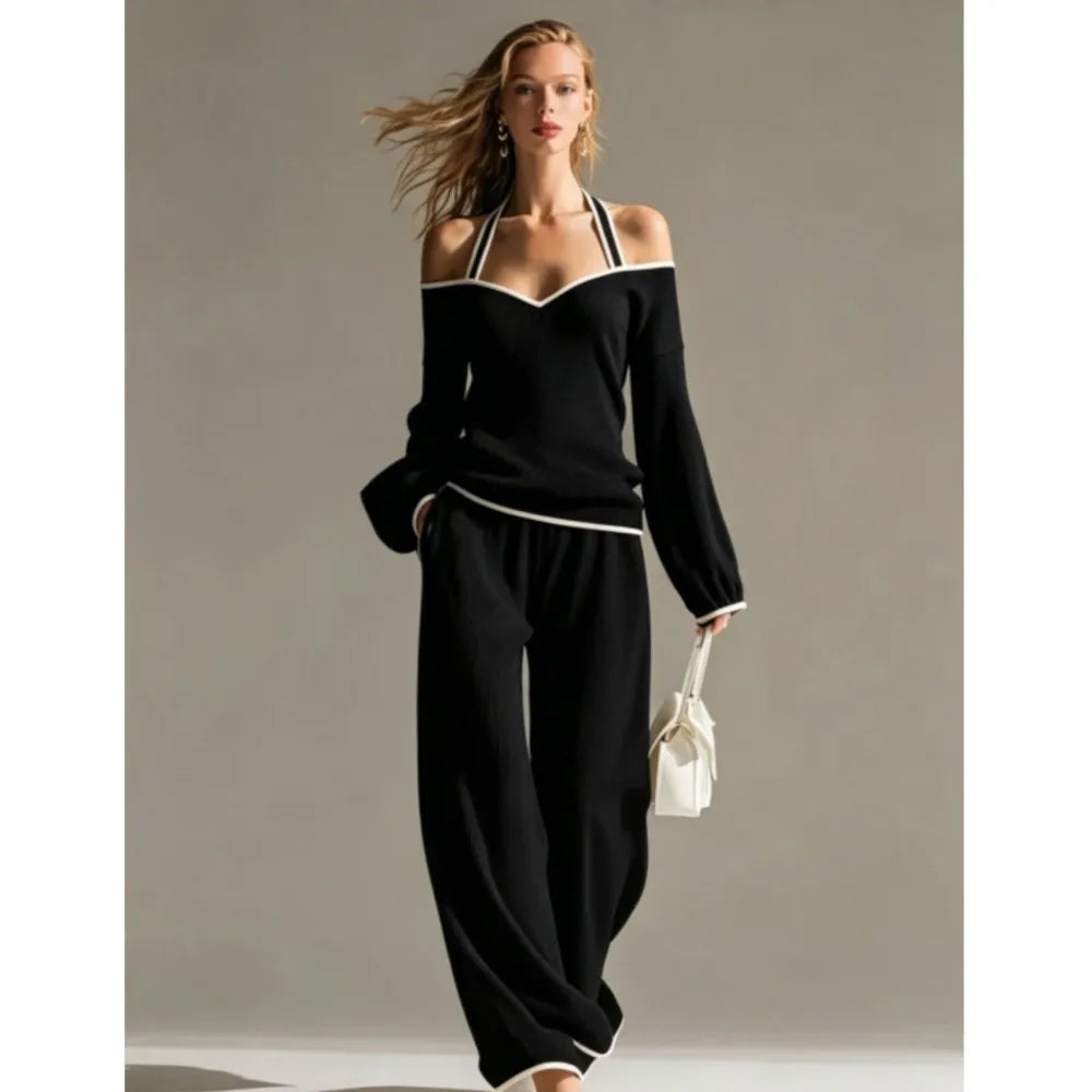 Women Sexy Off-shoulder Long-sleeved T-shirt Trousers 2piece Set Fashion Loose Elegant Color-blocked Pocket Trousers Female Suit