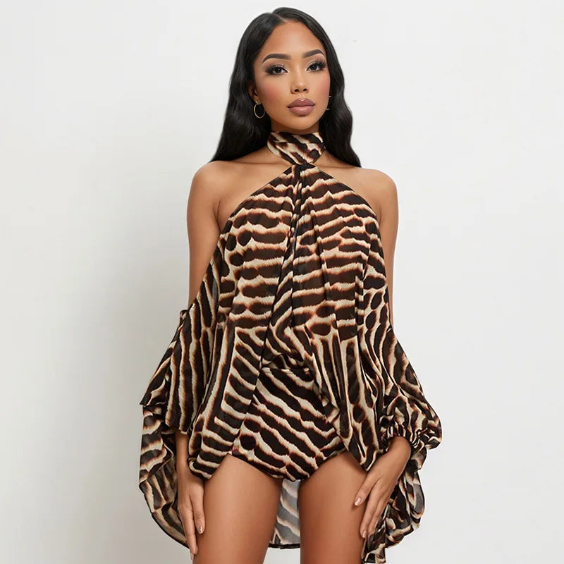 Leopard Print 2 Piece Short Set Women Club Party Outfit Summer Halter Off Shoulder Top Shirt Shorts Matching Sets Beach Vacation