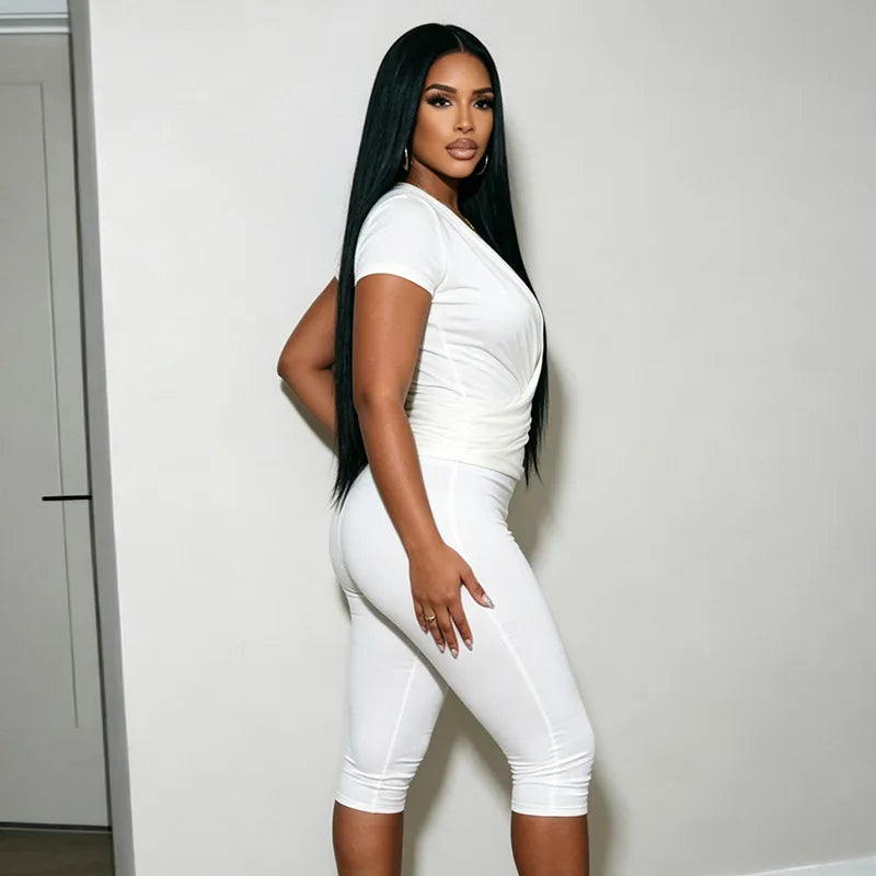 Stylish Lady Cross V Neck Ruched Short Sleeve Two Piece Set High Waist Capri Pants 2026 Women Solid Bodycon Casual Tracksuit
