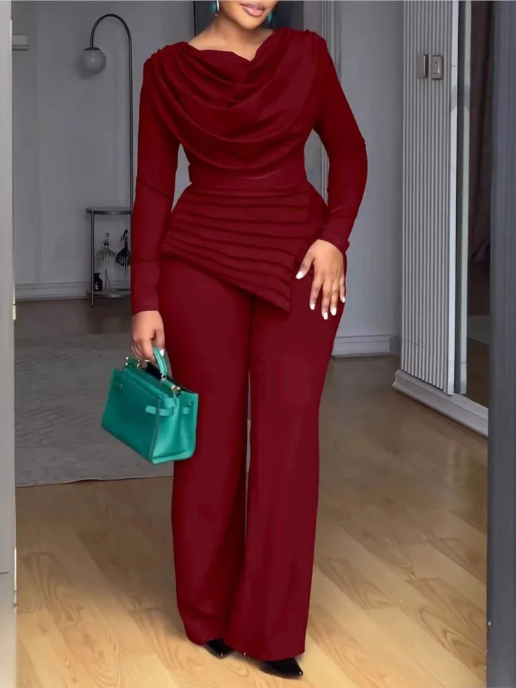 Fashion Solid Set For Women Casual Long Sleeve Pile Collar Slim Tops+High Waist Wide Leg Pants 2 Piece Sets Lady Office Clothes