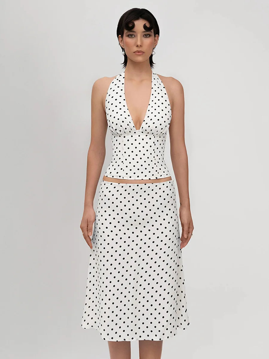 Bornladies Polka Dot Skirt Set Women's Retro Hot Girl Style Lace-Up Sexy Halter Top Low-Waist Midi Skirt Two-Piece Outfit