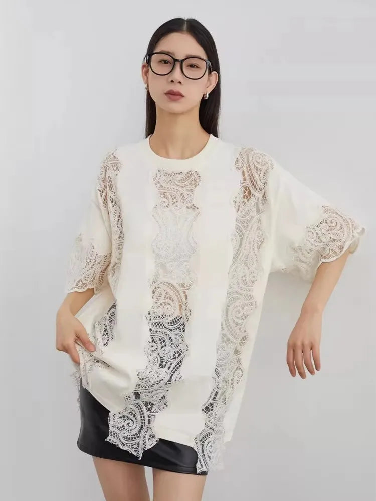 Women White Lace Hollow Out Top Short Sleeve Blouse Crochet Detail Casual Elegant Summer Shirt Fashion Clothing