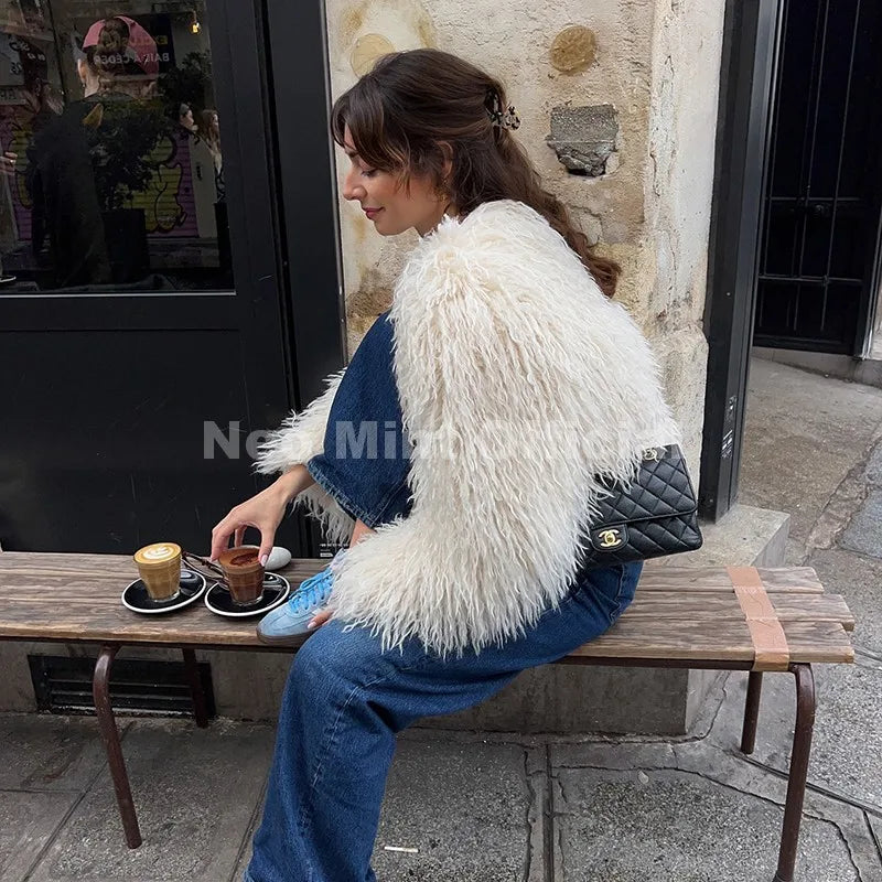 Neo Mint Chic Street Girls Round Neck Faux Mongolia Sheep Fur Coat Women 2025 Winter Fluffy Warm Fur Jacket Cropped Outerwear
