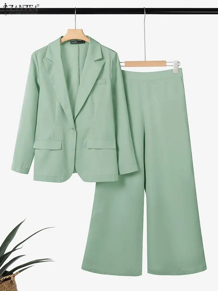 ZANZEA 2026 Spring Outfits Office Women 2 Piece Sets Stylish Lapel Long Sleeve Blazer Coats Pant Sets Elegant OL Work Tracksuit