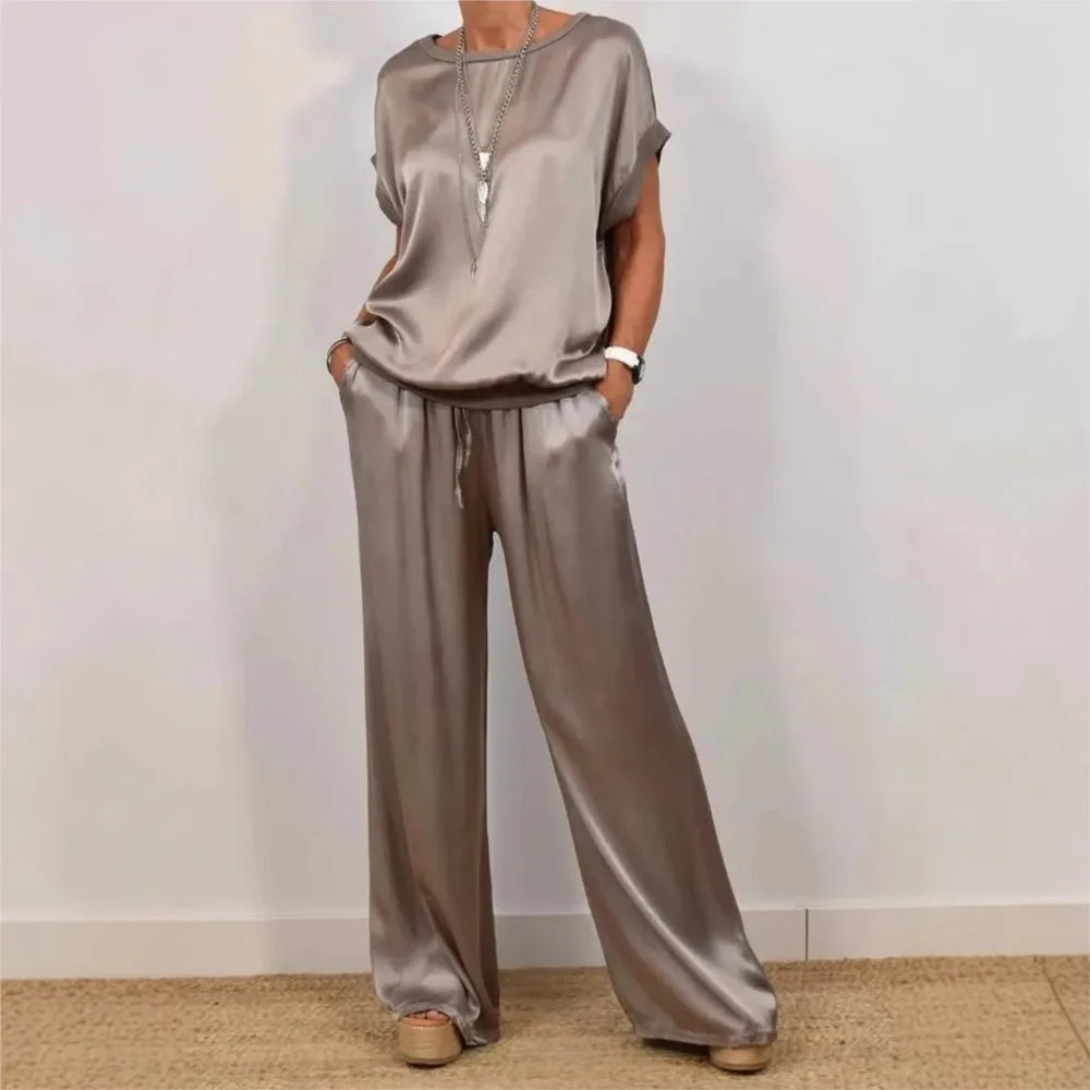 2-piece Set Fashion Satin O Neck T-shirt Top Trousers Summer Retro Elegant Casual Loose Wide-leg Pants Female Home Clothing Suit