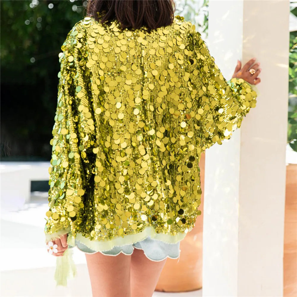 Shiny Sequin Cardigan for Women Trendy V Neck Front Wrap Tie Long Sleeve Coat Ladies Fashionable Sparkling Pullover Tops Punk