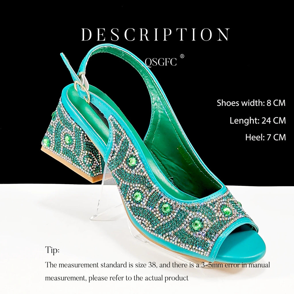 QSGFC 2024 Rhinestone Design INS Hot Sale New Arrivals African Shoes and Bag Set in Green Color Open Toe Comfortable Women Heels