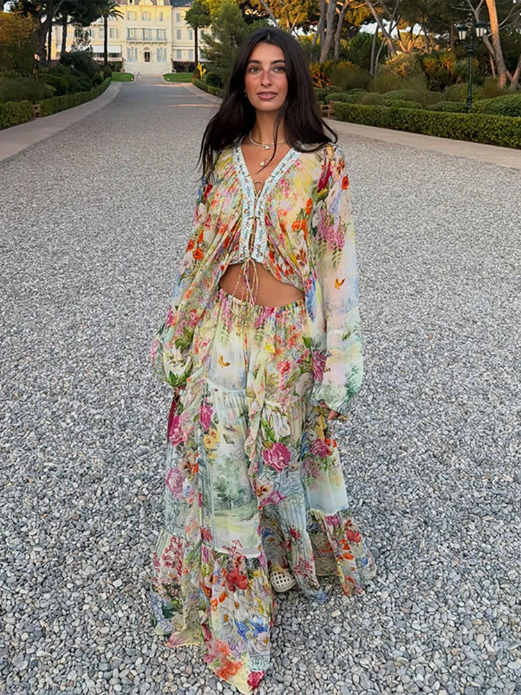 Bohemian Floral Matching Set V Neck Tie Front Crop Top Elastic Waist Tiered Ruffle Maxi Skirt Vacation 2 Piece Outfit 2026 Beach