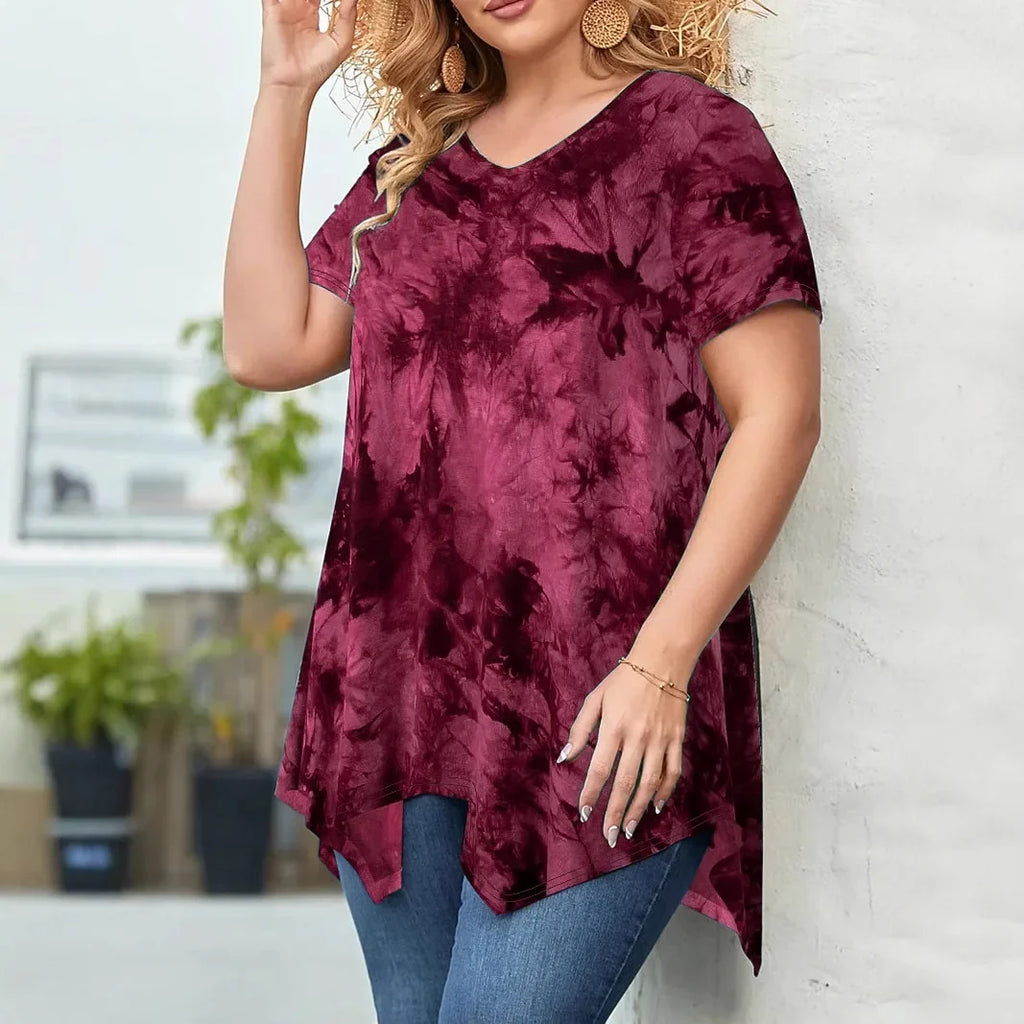 5XL Plus Size Woman Clothing Tie Dye Short Sleeve T-Shirt Casual New V Neck Irregularity Tops Big Size Ladies Loose Tops Long