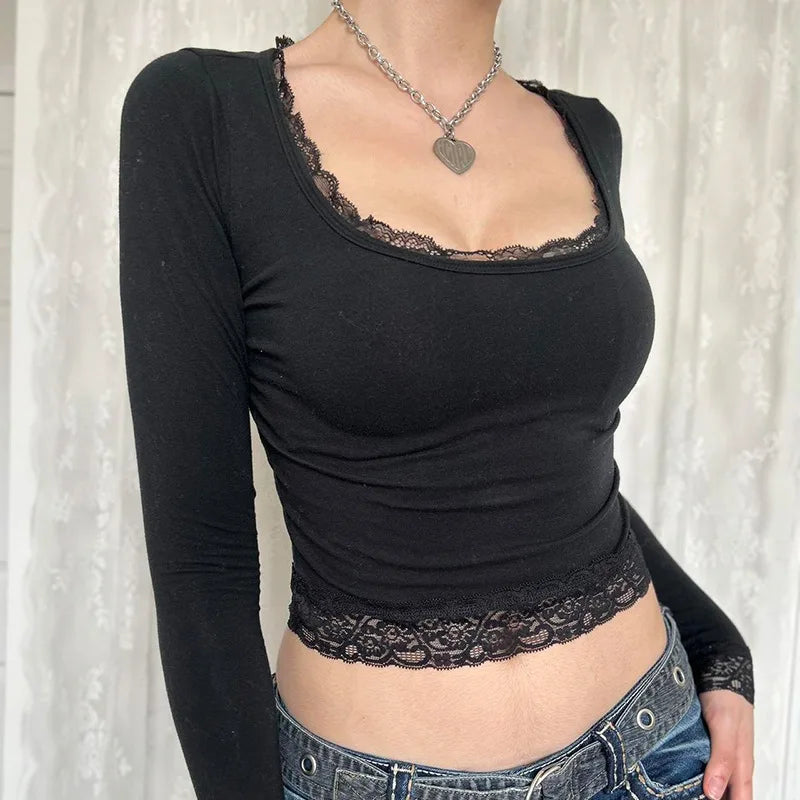 2000s Graphic T Shirt Vintage Fairy Grunge Women Autumn Lace Trim Long Sleeve Slim Fits Tops y2k Clothes Basic Harajuku Tees
