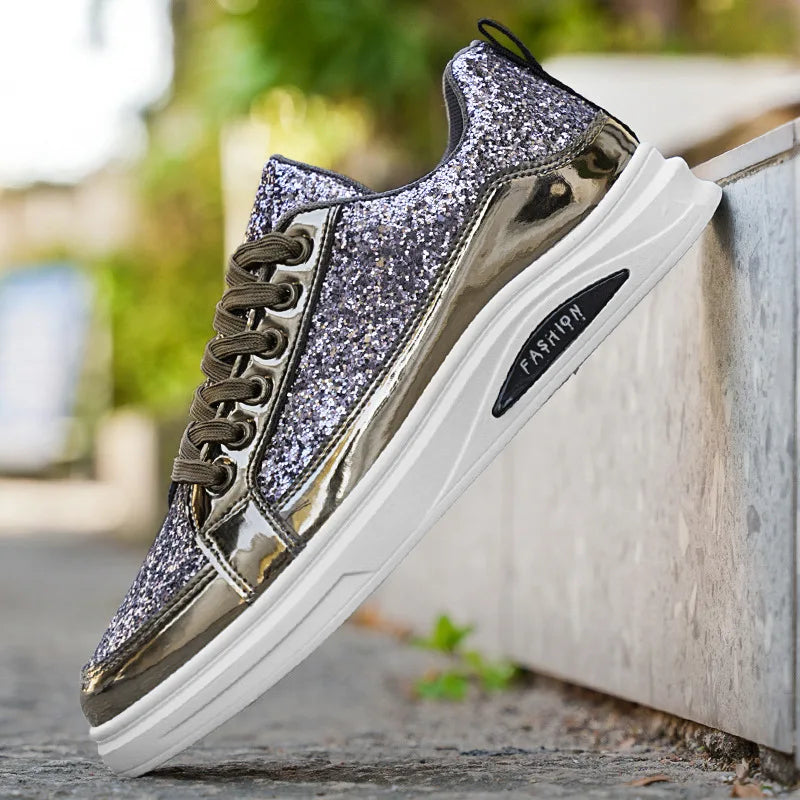 Mens Shoes Nightclubs Fashiona Sequins With Diamonds Golden Sneakers Trendy Low Top Sports Casual Shoes Large Size 39-46