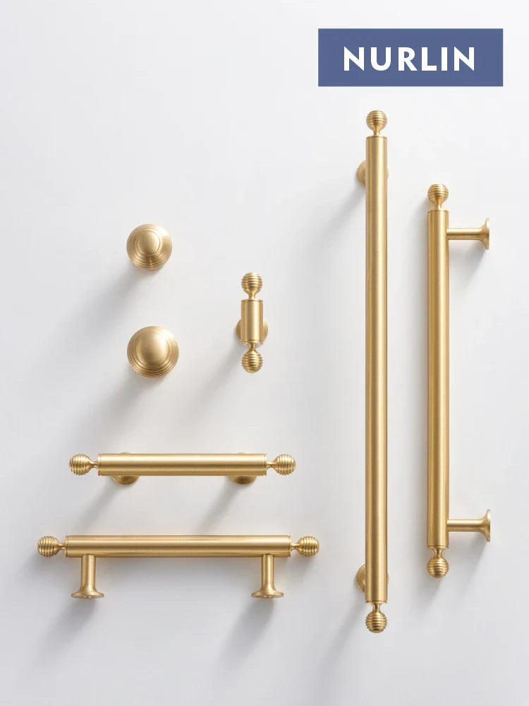 Nurlin French Luxury Solid Brass Kitchen Cabinet Furniture Drawer Cabinet Door Handle Round Knobs T-Bar Wardrobe Pull