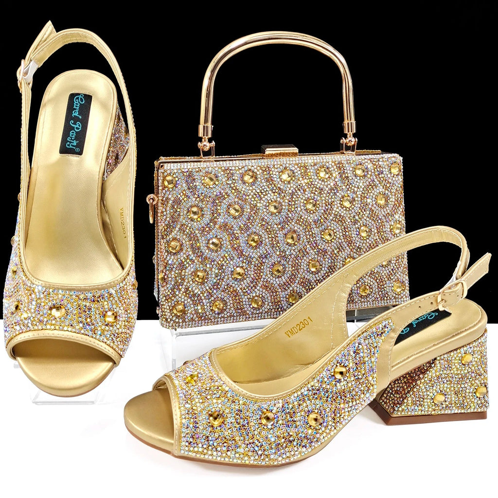 QSGFC 2024 Rhinestone Design INS Hot Sale New Arrivals African Shoes and Bag Set in Green Color Open Toe Comfortable Women Heels