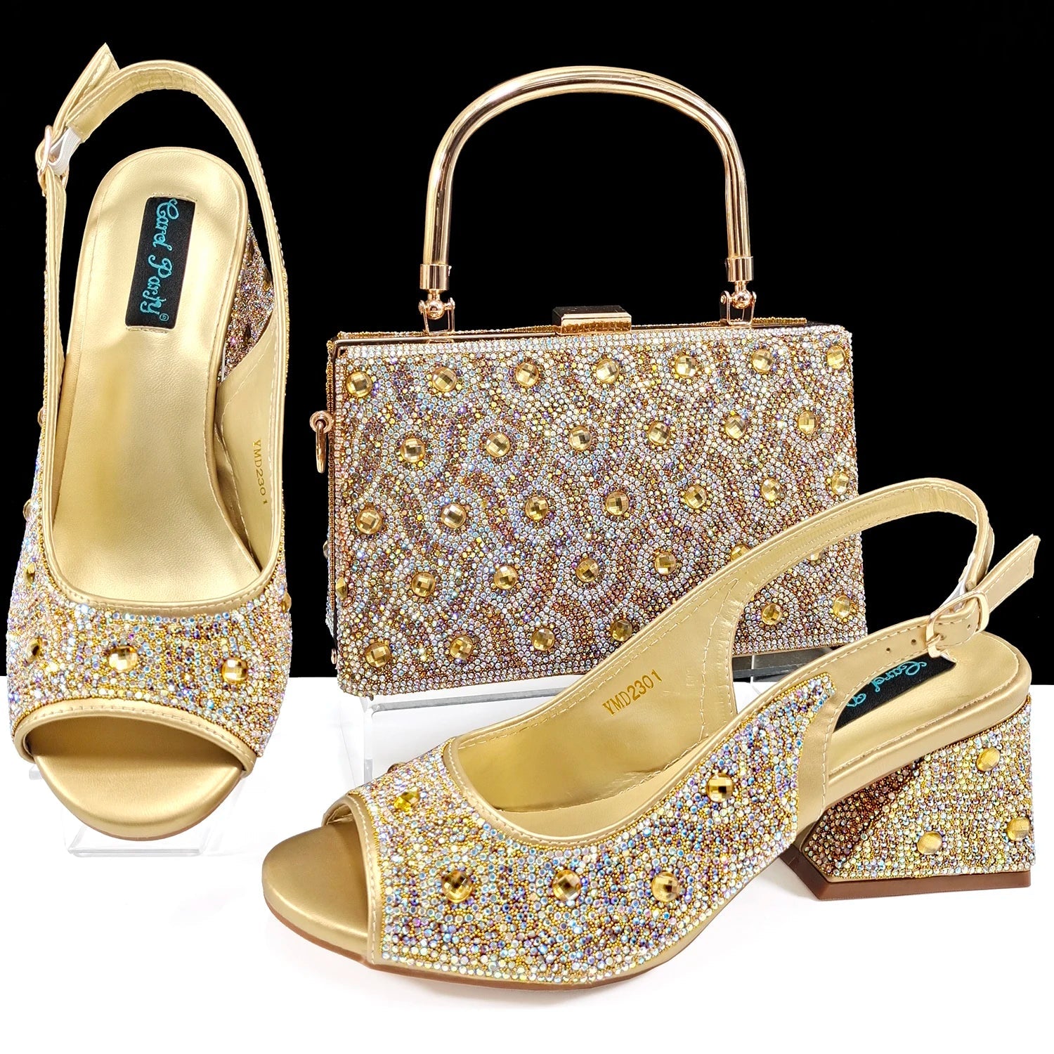 QSGFC 2024 Rhinestone Design INS Hot Sale New Arrivals African Shoes and Bag Set in Green Color Open Toe Comfortable Women Heels