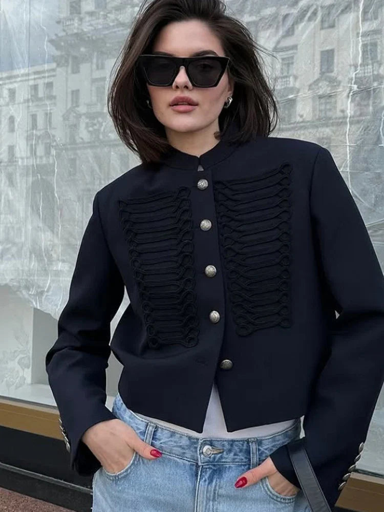 Retro Denim Military Jacket Women Vintage Solid Single Breasted Stand Collar Slim Short Jackets 2026 Lady Daily Street Outerwear