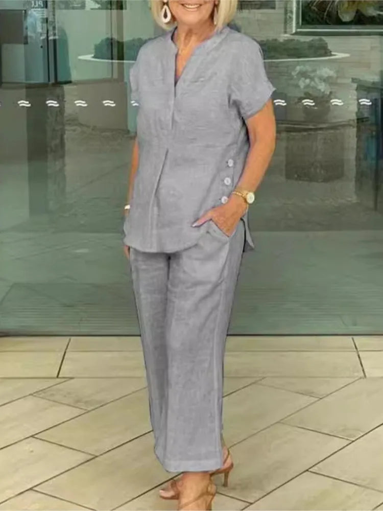 New Summer Women's Short-sleeve Tops Pants Casual Two-piece Suit Fashion Elegant Office Solid Holiday 2-piece Set Women Clothes