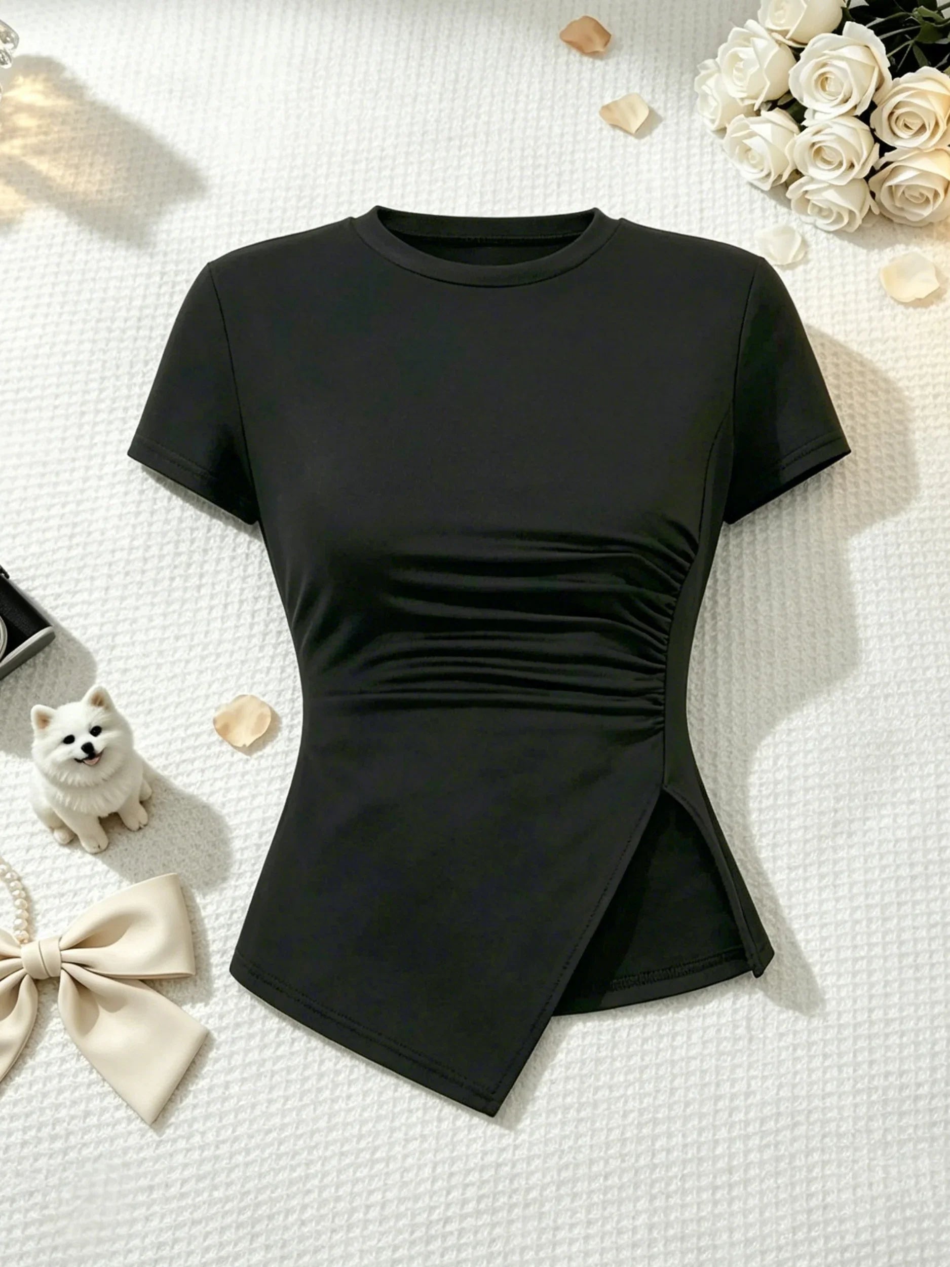 2 Pcs Women Crew Neck Side Ruched Split Hem Short Sleeve Tee High