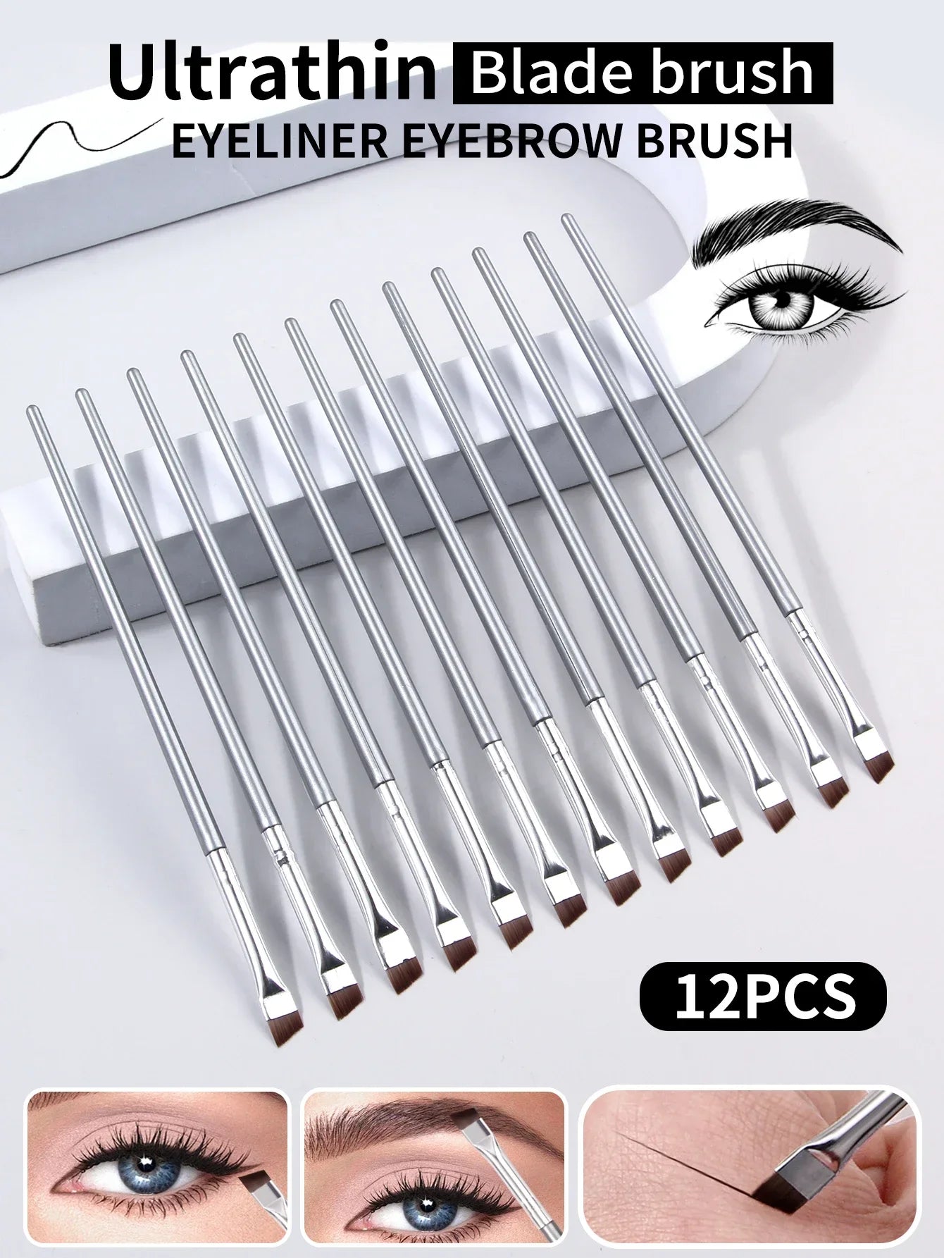 12pcs silvery Super Thin Blade Eyeliner Brush & Soft Makeup Brush Set, Portable Eyebrow Brush & Multipurpose Cosmetic Tool