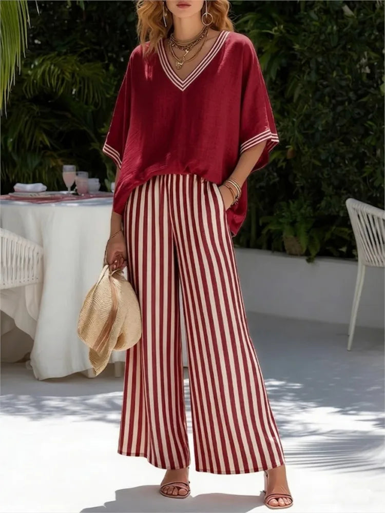 V-neck Short-sleeved Tops Striped Wide-leg Pants Two-piece Set 2026 Spring Summer New Women's Fashion Casual Loose Two-piece Set