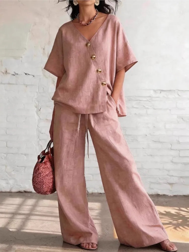 2026 Casual Cotton Loose Pants Sets Women Summer Fashion Short Sleeve V-neck Tops And Wide Leg Pant 2 Piece Set Woman Outfits