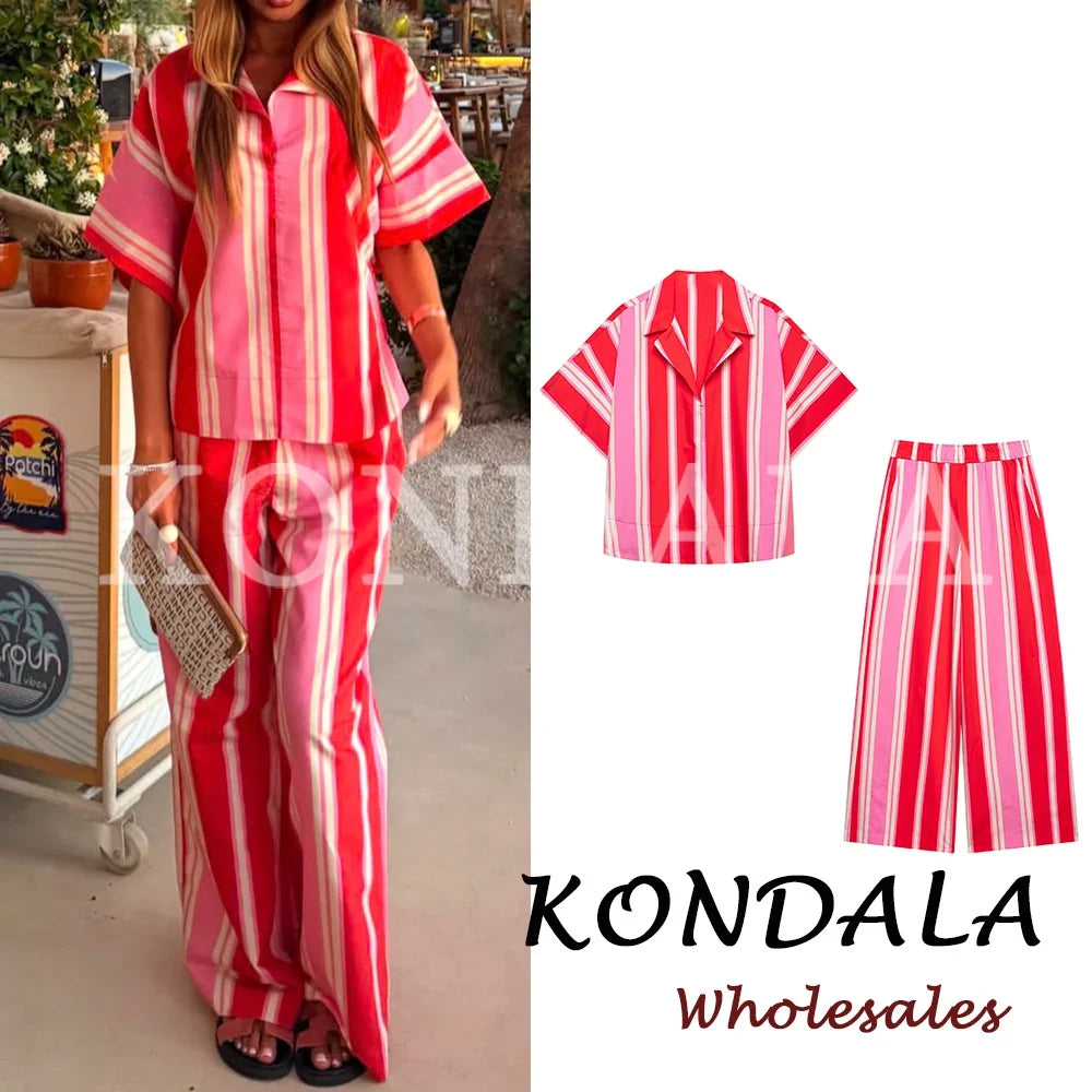 KONDALA Chic Women Striped Casual Suit Single Breasted Straight Shirt+Elastic Waist Long Pants Fashion 2026 Elegant Mujer Suit