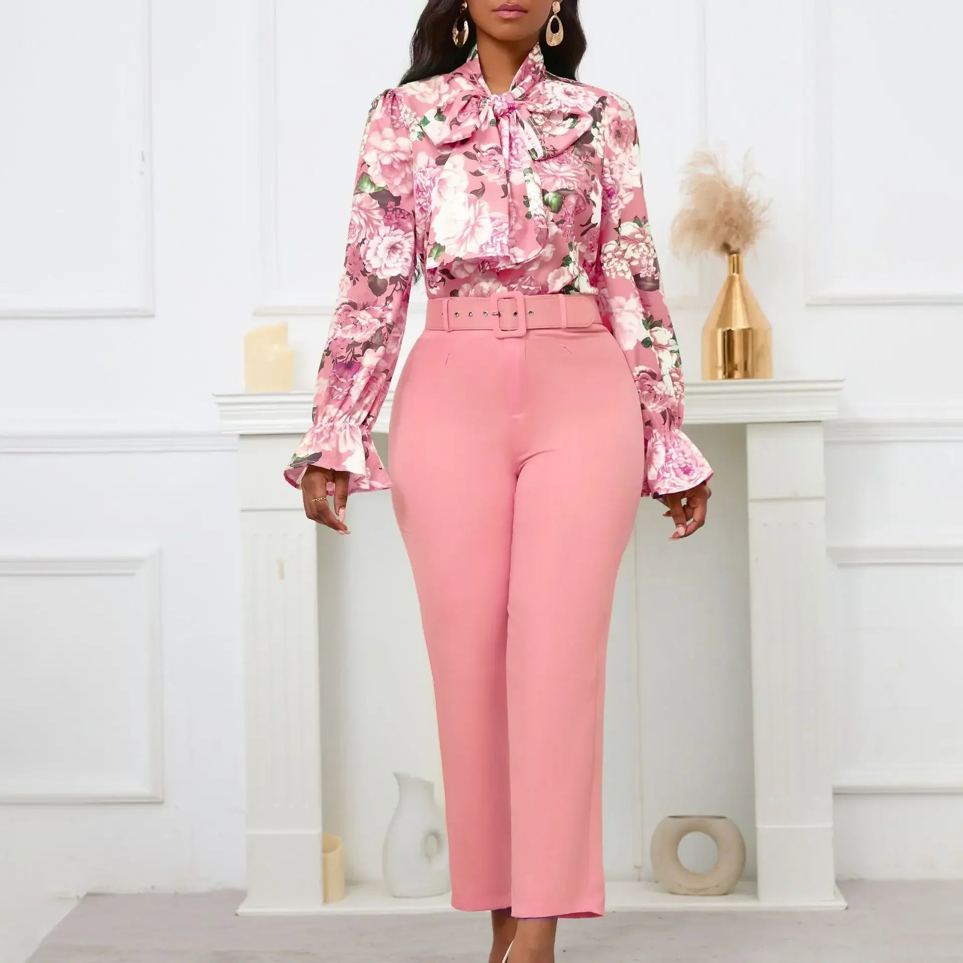 2 Piece Set African Clothes for Women Spring Africa Clothing 2024 New Plus Size Outfit Print Shirt Pants Matching Sets With Belt