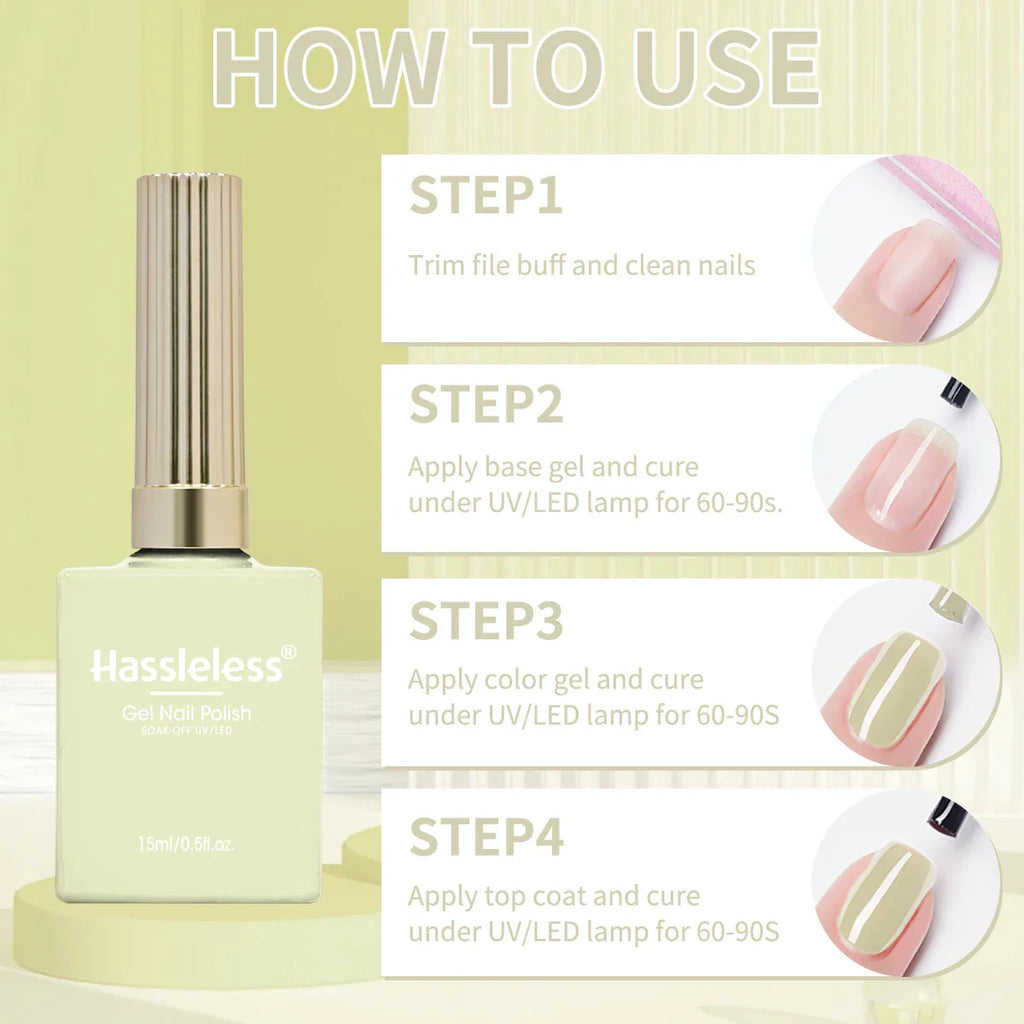 Hassleless 1 Bottle (15ml) Pale Yellow Solid-Color Nail Gel — Simple, Beginner-Friendly Soak-Off Gel Polish, Suitable for All Se