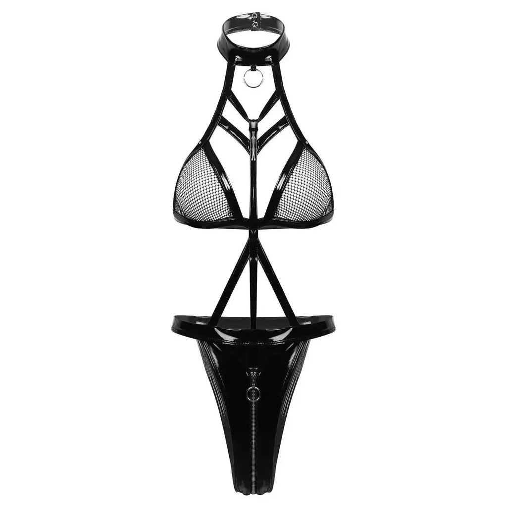 Plus Size Balck Bandage PU Latex Leather Mesh Bodysuit Exotic Teddies Zipper Crotch Catsuit 2XL Costumes Women Sexy Lingerie